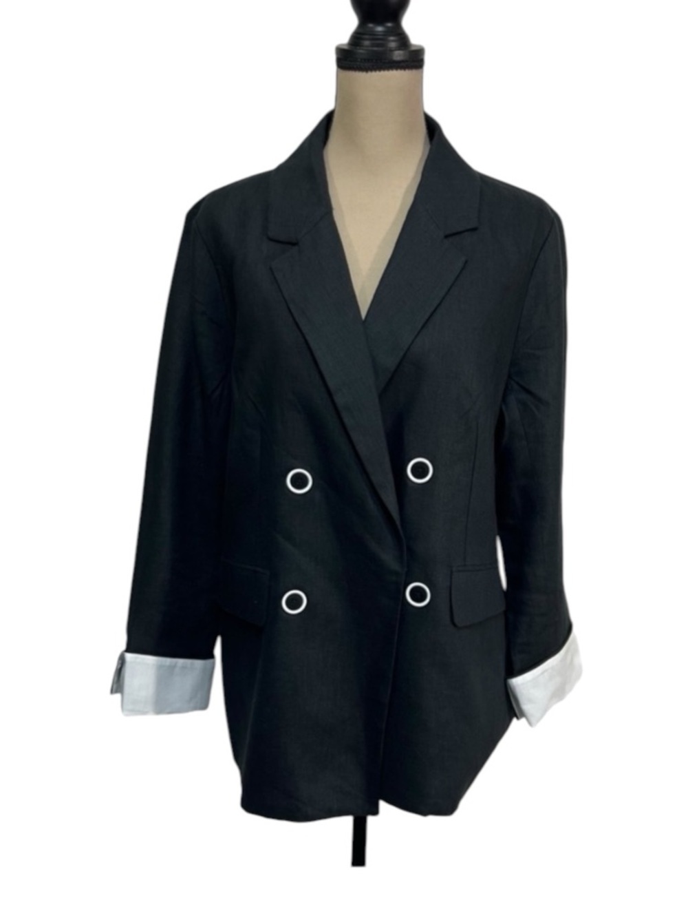 Vintage Neiman Marcus Linen Jacket Black White Notched Lapel Size Large - Picture 2 of 9